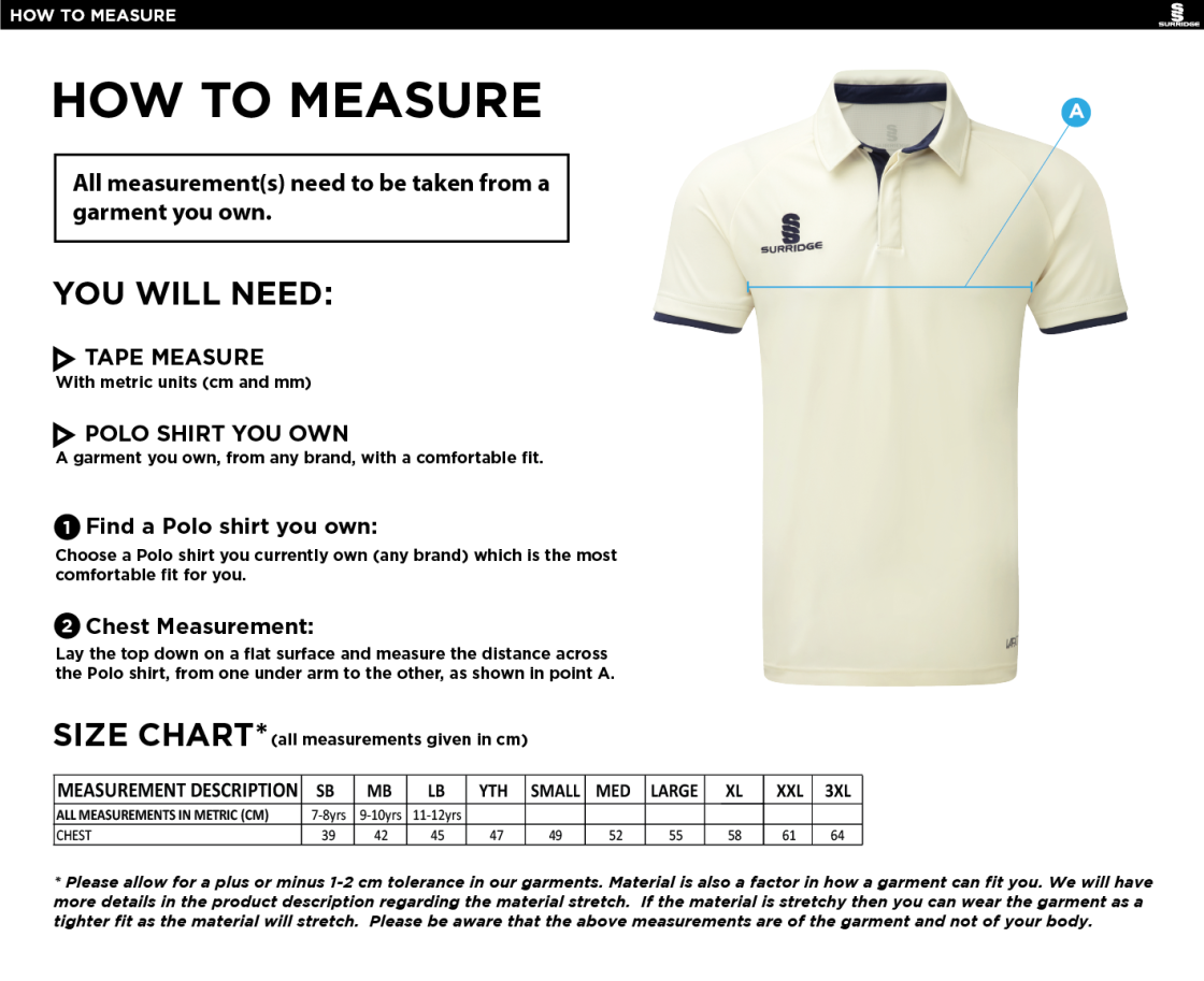 Ergo Cricket Shirt - Short Sleeve - Navy Trim - Size Guide